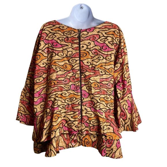 Vintage African Fabric Women's Vibrant Print Ruffle Blouse Est. Size XL Flowy - Picture 2 of 9